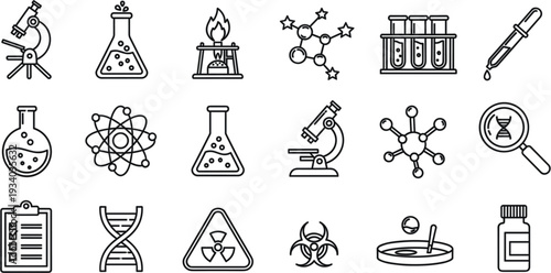 Science Laboratory Line Icon Set with Microscope Flask DNA Molecule Biohazard and Research Equipment Vector Collection