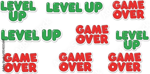 Game over and level up text phrases appear in bright, bubbly, colorful.