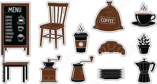 Coffee shop elements like a menu board, chair, grinder, and hot beverage.