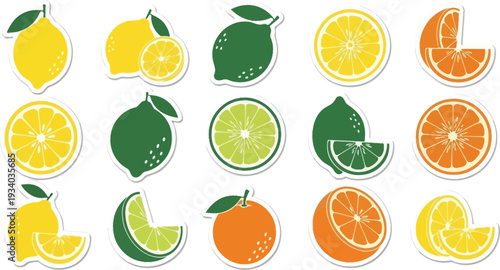 Sticker set of various citrus fruits includes lemons, limes, and oranges.