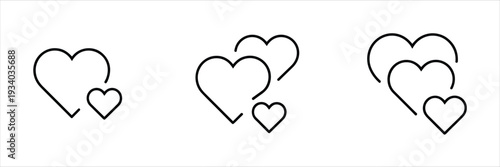 Outline icons of two hearts, one large and one small, in three variations love romance