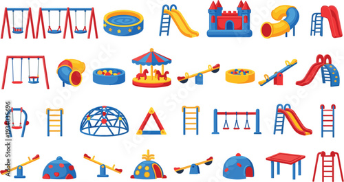 Kids Playground Equipment Icon Set with Swings Slides Seesaw Climber Carousel and Sandbox Vector Collection