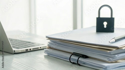 A laptop beside a stack of documents secured with a padlock, symbolizing data protection and office security.