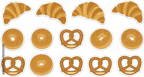 Collection of baked breakfast items including croissants, bagels,.