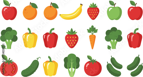 Fresh Fruits and Vegetables Flat Icon Set with Apple Banana Broccoli Carrot and Pepper Vector Illustration