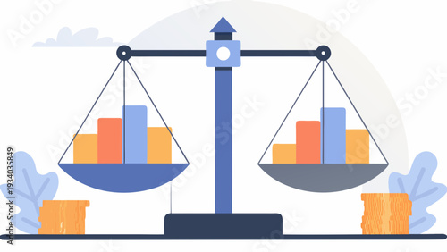 Balanced business data on scales showing equal metrics