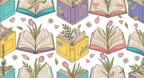 Seamless Pattern of Open Books with Flowers Hearts and Botanical Elements Romantic Reading Vector Illustration