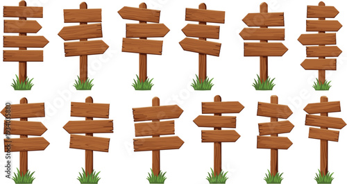 Wooden Direction Signpost Set with Rustic Arrow Boards and Grass Isolated Vector Illustration Collection