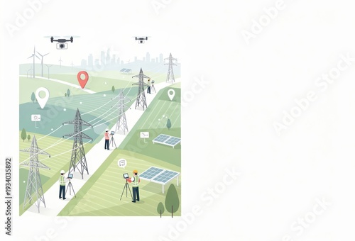 Innovative energy management through solar technology integration with utility personnel surveying power lines and renewable resources in a sustainable landscape