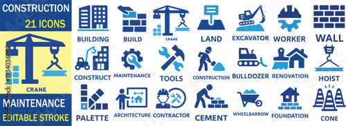 Construction and Maintenance Icons Set – Buildings, Tools, Machinery, Workers, Real Estate
