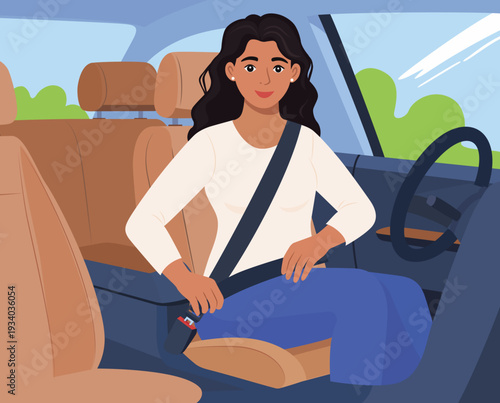 Young Woman Fastening Seatbelt Before Driving Car, Female Driver Buckling Up for Road Safety in Modern Vehicle, Flat Vector Illustration, Perfect ideal for responsible automotive safety awareness