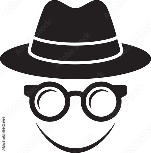 Minimalist black and white illustration of a smiling face with glasses and fedora hat