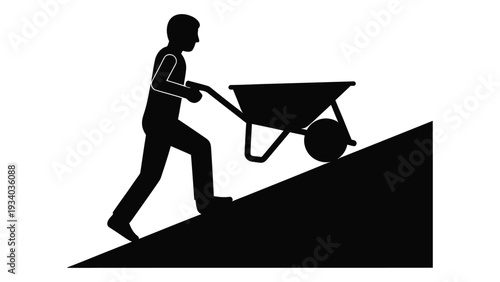A man pushing a wheelbarrow up a steep incline isolated on white background, Vector
