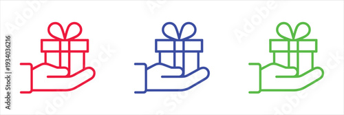 Three hand holding gift box icons in red blue and green on white Keywords: hand, holding, gift, box, present, icon, set, giving
