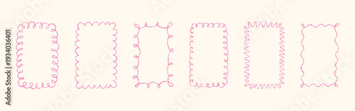 Crayon doodle scalloped frames. Chalk wavy hand drawn borders. Pink cute rectangle photo frames with crayon texture. Wavy sketch line mirror borders. Vector illustration isolated on light background.