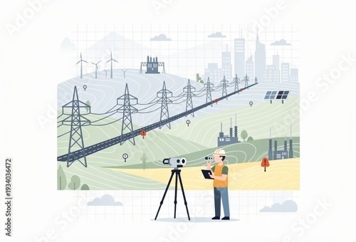 Visualizing energy infrastructure analysis with an engineer conducting site assessments, integrating renewable sources and digital technology, showcasing project optimization strategies in
