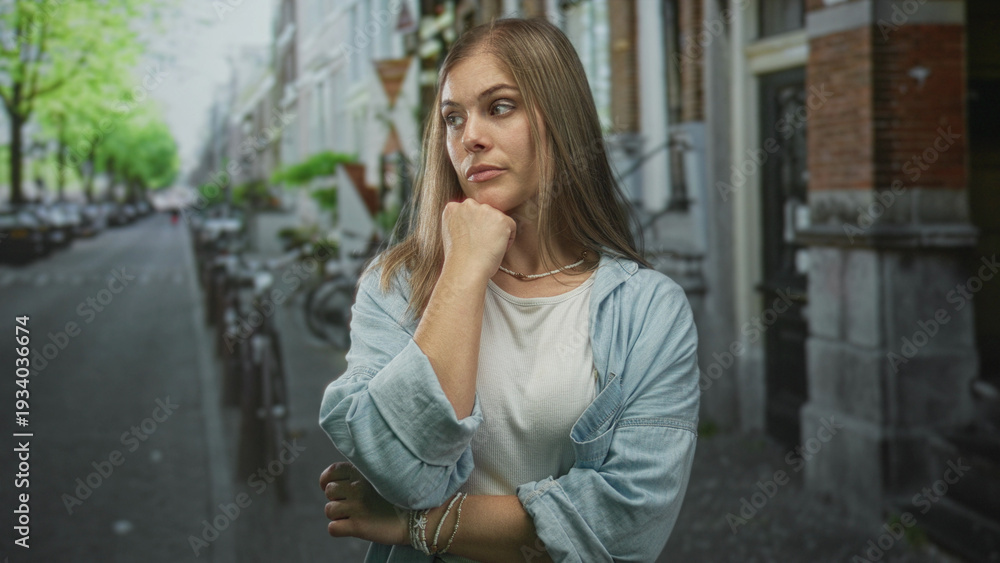 Fototapeta premium Woman with hand on chin standing in a leafy city street lined with bicycles and brick houses; contemplation.
