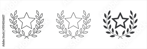 Three laurel wreath star icons in outline and solid fill styles Keywords: star, laurel wreath, award, achievement, success