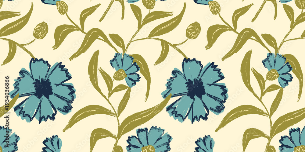Fototapeta premium Seamless Cream Background Floral Pattern with Teal Blue Flowers and Olive Leaves in Vintage Hand Drawn Style on a transparent background