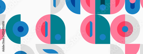 Abstract geometric pattern. Overlapping circles, semicircles create playful design. Pink, blue, gray colors dominate composition.