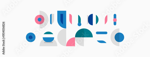 Abstract geometric shapes, pastel colors, minimalist design. Composition features circles, rectangles, curves, simple forms. Clean aesthetic.