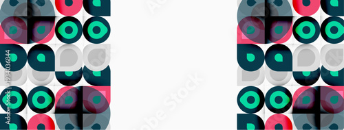 Geometric pattern features repeating squares, circles. Colors include teal, pink, gray, white. Design appears modern, minimalist.