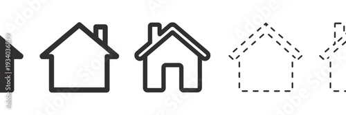Four distinct house in black and dashed lines from left to right outline