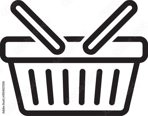 Simple black and white line art icon of a shopping basket with handles isolated