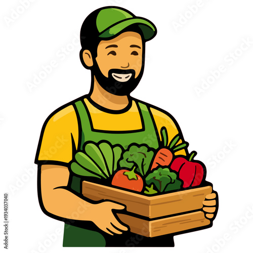 Friendly greengrocer with organic produce box
