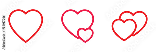 Three red heart outlines of varying sizes on a white background love romance