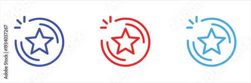 Three star icons in blue and red outlines within circular frames on a white background rating symbol