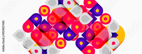 Colorful squares, circles overlap creating abstract pattern. Bright hues dominate white background. Geometric shapes present playful design.