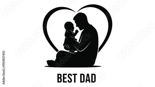 A black silhouette of a dad and child in a heart isolated on white background, Vector