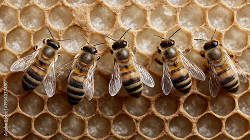 Busy Bees at Work: Bees hard at work, captured amidst the intricate patterns of their honeycomb, illustrating the beauty of nature's design.