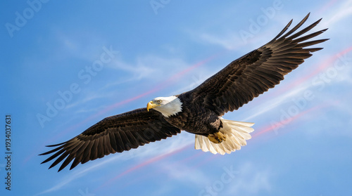 Bald Eagle Soaring High in Clear Blue Sky Patriotic Concept