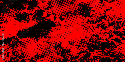 A high-impact texture featuring chaotic ink splatters and a heavy halftone dot pattern in a striking red and black or deep blue and black color scheme.