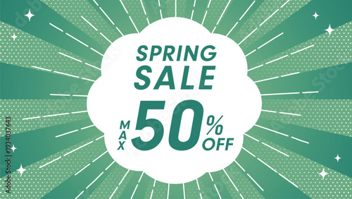  Green spring sale banner with 50 percent discount on radial sunburst background