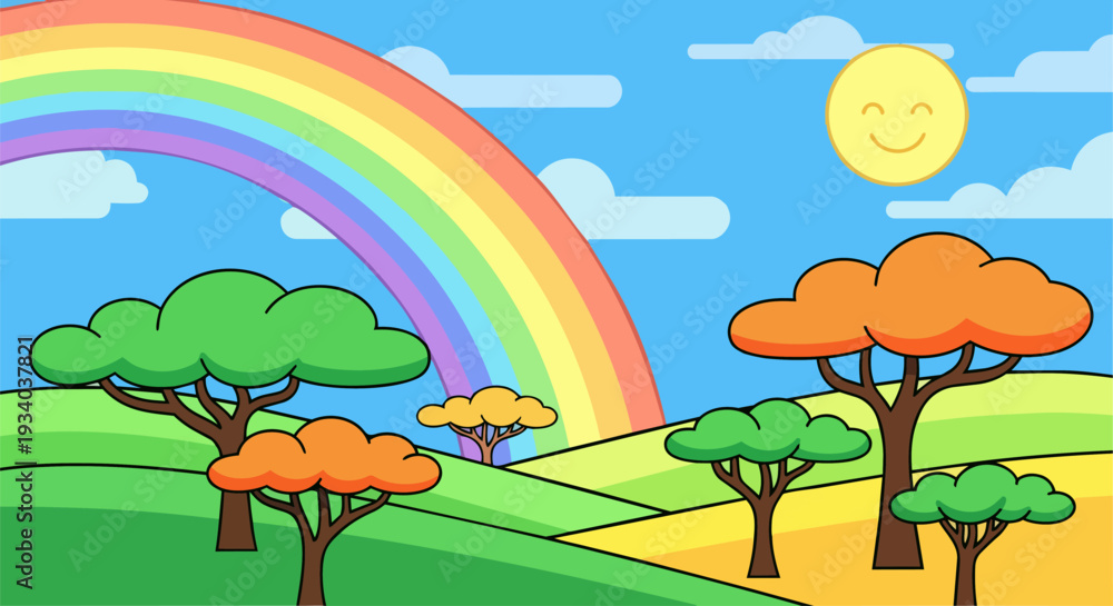 Obraz premium A vibrant rainbow stretching across a serene landscape with trees under a sunny sky