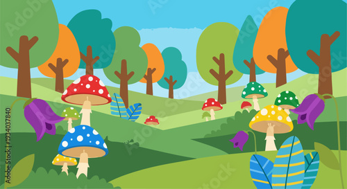 Vibrant mushrooms thriving in a lush green forest with diverse trees under a clear blue sky