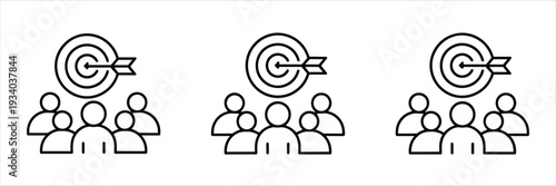 Three target and arrow icons with group of people symbols in outline style Keywords: target, arrow, goal, objective, success