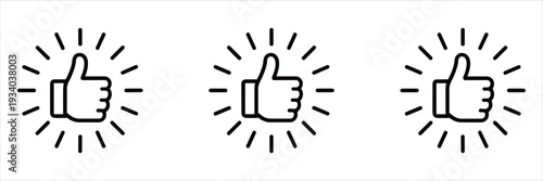 Three thumbs up icons with radiating lines on a white background like approval