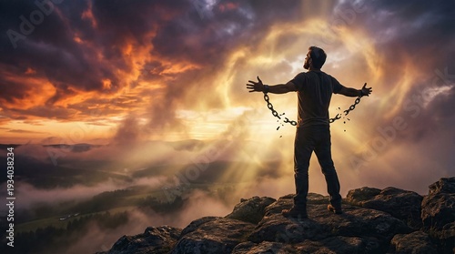 Freedom of person breaking chains under sky with God's presence concept. A person embraces freedom against a stunning sunset backdrop.