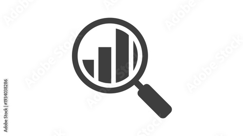 Magnifying glass examining a bar chart in black and white analysis