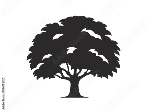 Minimal black and white of a single tree with a full canopy and visible trunk