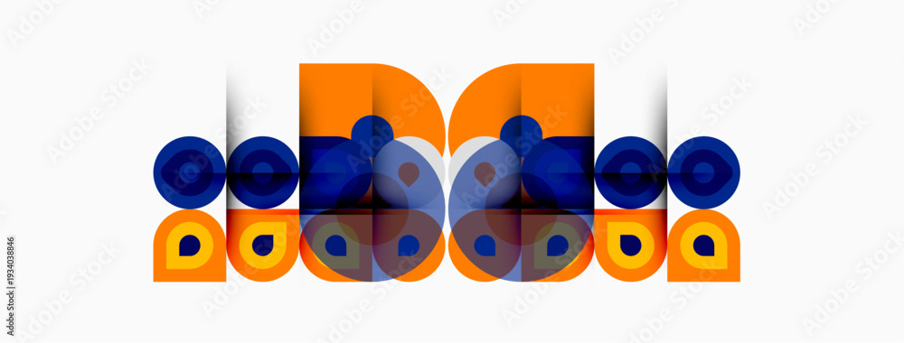 Fototapeta premium Abstract graphic design features orange, blue circles, numbers. Modern aesthetic, bold colors, simple shapes dominate composition.