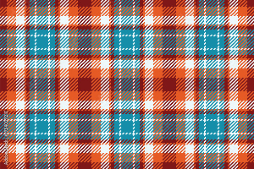 Garment vector tartan check, tiny background plaid textile. Flooring pattern fabric texture seamless in orange and cyan colors.