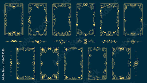 Magic tarot card frame with celestial border and golden design. Mystical pattern with stars, sun and moon symbols, vintage esoteric elements. Elegant ornate template for astrology and bohemian art.