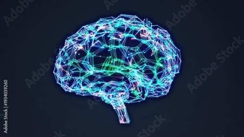 Glowing blue green brain network mapping animation, researcher visualizing connectome signals, delicate neon filaments trace synaptic pathways, slow rotation reveals hemispheric structure, dark studio