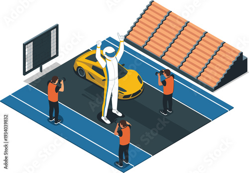 Isometric 3D illustration of racing driver celebrating victory on track with sports car and photographers capturing moment