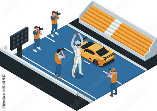 Isometric 3D motorsport winner celebrating on racetrack with sports car and photographers capturing racing victory moment